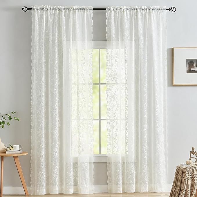 FINECITY Vintage Lace Curtains 72 Inch Length - Rustic Floral Branch Leaf Lace Window Curtains for Living Room, Privacy Scalloped Trim Cream Sheer Lace Curtains, 52 x 72 Inch, 2 Panels, Ivory/Cream