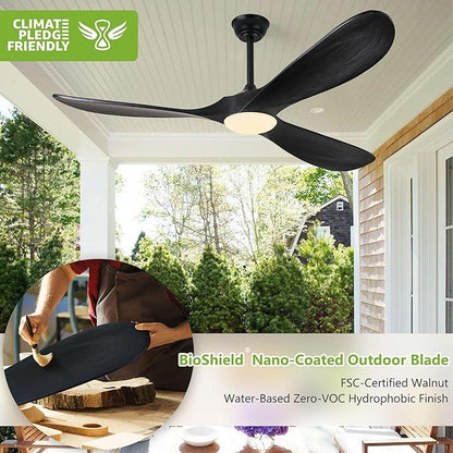 Haipeel Ceiling Fans with Lights, 60 Inch Solid Wood Black Ceiling Fans with Lights and Remote Control for Outdoor Ceiling Fan with Light Propeller for Porch Farmhouse, DC ETL Listed, Matte Black