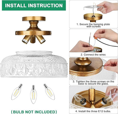 Lamomo Semi Flush Mount Ceiling Light, 3 Light Hallway Light Fixture, 12 Inch Antique Brass Gold Globe Glass Close to Ceiling Scone,Indoor Hanging Lantern for Bedroom Kitchen Porch Hallway