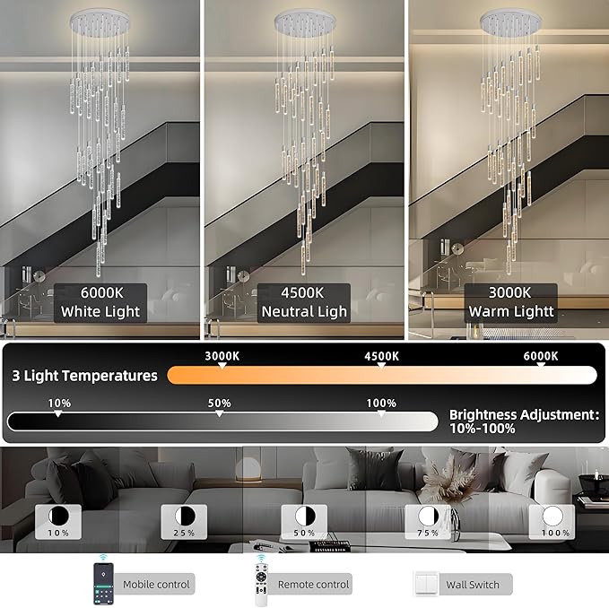 30-Lights Bubble Chandelier for Entryway High Ceiling-196 Height Adjustable Crystal Chandelier,3 Color Temperature Dimmable LED Pendant Light Fixture for Foyer Living Room Staircase,Chrome