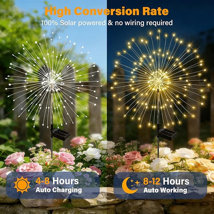 Solar Garden Lights Outdoor Decor Waterproof, 2Pack 120LED Firework Lights for Garden Decorative, Fairy Lights Solar Powered for Yard, Patio,Pathway,Flowerbed,Planter,Party(Warm White)