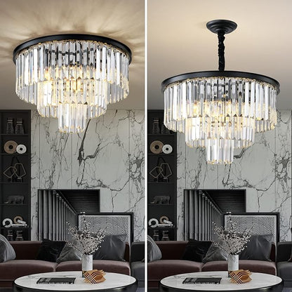 Black Modern Crystal Chandelier, 3-Tier Round Flush Mount Ceiling Light Fixtures Height Adjustable Pendant Lighting for Dining Room Living Room Bedroom Kitchen Hotel Foyer