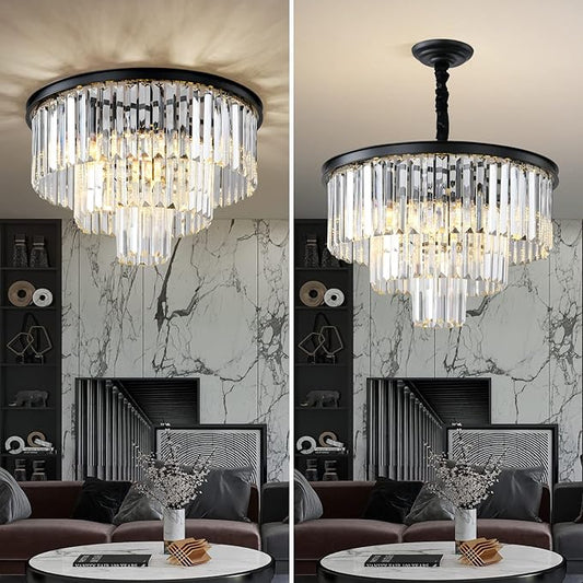 Black Modern Crystal Chandelier, 3-Tier Round Flush Mount Ceiling Light Fixtures Height Adjustable Pendant Lighting for Dining Room Living Room Bedroom Kitchen Hotel Foyer
