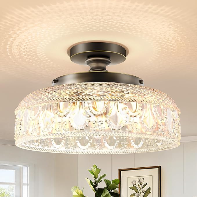 Lamomo Semi Flush Mount Ceiling Light,Upgraded Larger 12 Inch Bronze Hallway Light Fixture,3 Light Globe Glass Close to Ceiling Scone, Indoor Hanging Light for Bedroom Kitchen Porch Hallway