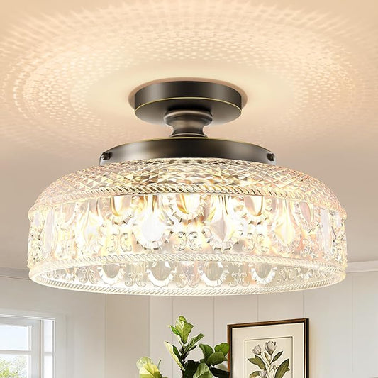 Lamomo Semi Flush Mount Ceiling Light,Upgraded Larger 12 Inch Bronze Hallway Light Fixture,3 Light Globe Glass Close to Ceiling Scone, Indoor Hanging Light for Bedroom Kitchen Porch Hallway