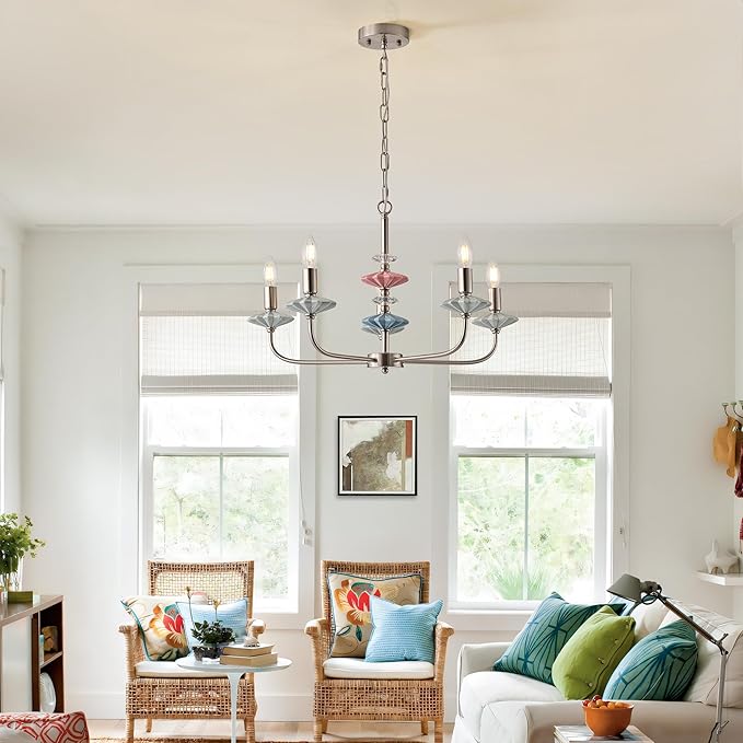 Brushed Nickel Chandeliers for Dining Room Light Fixture ，with Blue Green Ceramic Art Deco Chandelier, Modern Retro Candle Chandelier,Farmhouse Chandelier for Girls Bedroom，Living Room,Foyer