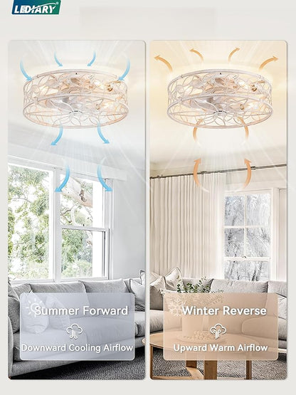 LEDIARY 20 Inch Caged Ceiling Fans with Lights, White Flush Mount Ceiling Fan with Remote&App, Low Profile Bladeless Ceiling Fan Light Fixture for Bedroom, Kitchen, Dining Room-White Gold Color