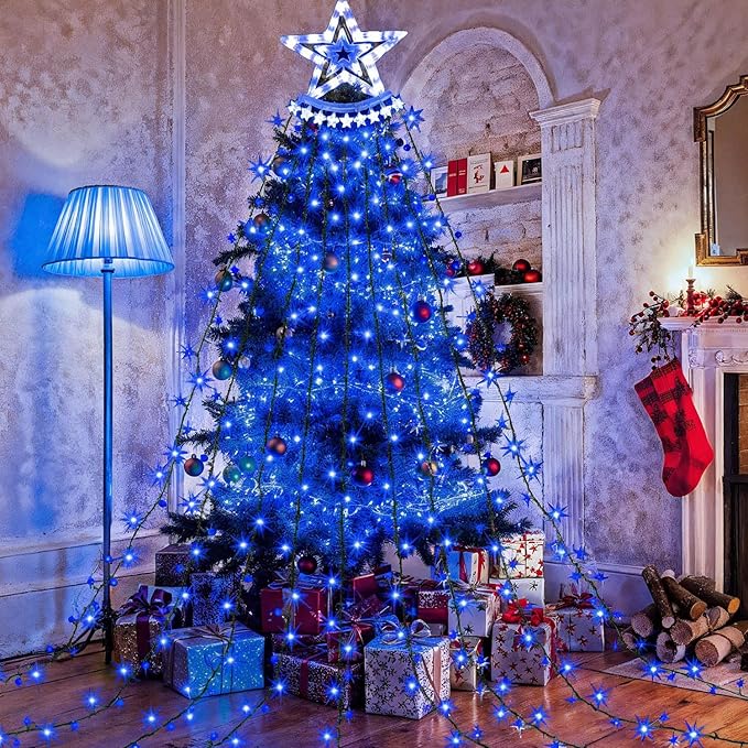 Star String Lights, 350 LED Tree Waterfall Fairy Lights, Outdoor Waterproof Christmas Decoration Lights with Remote, 16FT X 9 Hanging LED Lamp for Garden Yard Wedding Birthday Festival, Ocean Blue