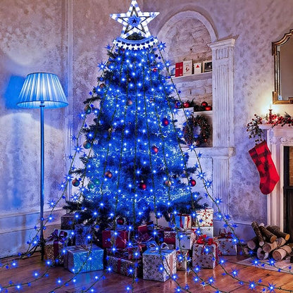 Star String Lights, 350 LED Tree Waterfall Fairy Lights, Outdoor Waterproof Christmas Decoration Lights with Remote, 16FT X 9 Hanging LED Lamp for Garden Yard Wedding Birthday Festival, Ocean Blue