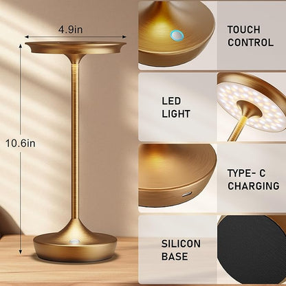 2 Pack LED Rechargeable Cordless Table Lamps, Portable Outdoor Battery Operated 3 Color Stepless Dimming Tables Light with Memory Function for Patio Restaurant Dining Room Bronze