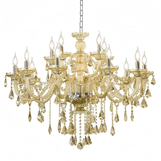 Luxury K9 Crystal Chandelier 15 Light, Modern Cognac Crystal Ceiling Chandelier Lighting Fixture Candle Style E12 Base for Dinning Living Room Bedroom Hallway (15 Lights)