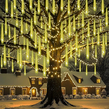 Adecorty Christmas Lights Outdoor, UL Certified Falling Rain Drop Light 8 Tubes 192 LED Meteor Shower Snow Dripping Icicle Lights for Xmas Tree Christmas Decorations Holiday Party, Warm White