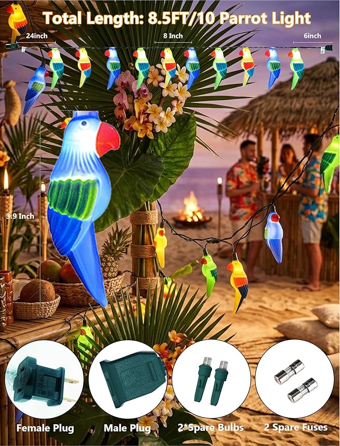 Outdoor Tropical Parrot String Lights Plug in, 8.5Ft Outdoor Hawaiian Decorative Patio String Lights with 10 Colorful Parrot Lights, Hanging Novelty Bird Lights for Deck Backyard Trees Stair Party