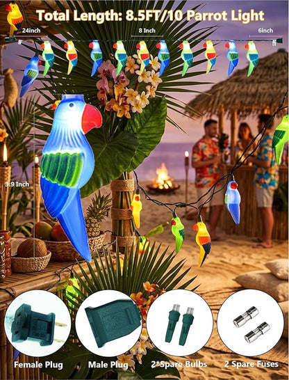 Outdoor Tropical Parrot String Lights Plug in, 8.5Ft Outdoor Hawaiian Decorative Patio String Lights with 10 Colorful Parrot Lights, Hanging Novelty Bird Lights for Deck Backyard Trees Stair Party