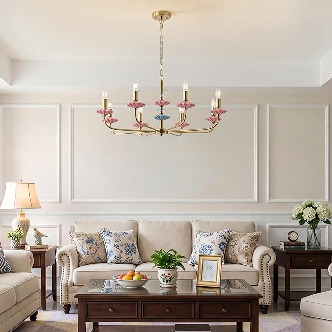 Pink Chandeliers for Dining Room Light Fixture Over Table,Brass Gold Art Deco Chandelier, Modern Vintage Chandelier with Ceramic,Farmhouse Chandelier for Girls Bedroom, Living Room, Foyer