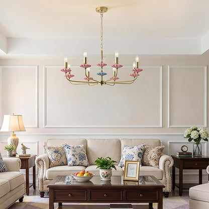 Pink Chandeliers for Dining Room Light Fixture Over Table,Brass Gold Art Deco Chandelier, Modern Vintage Chandelier with Ceramic,Farmhouse Chandelier for Girls Bedroom, Living Room, Foyer