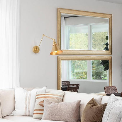 LALUZ Gold Wall Sconces Lighting 2 Pack, Modern Swing Arm Plug-in or Hardwired Adjustable Wall Lamp with Brass Finish for Bedroom, Kitchen, and Living Room