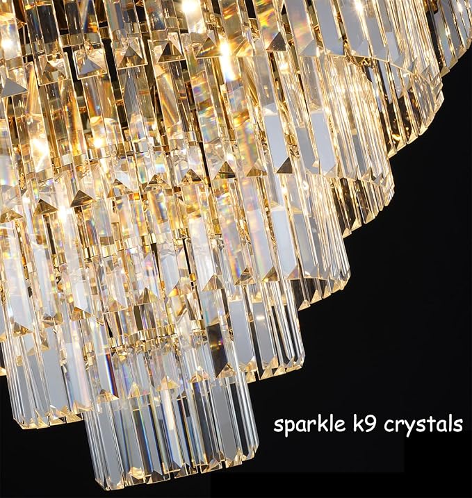 Gold Crystal Chandelier Lighting, 9 Light Crystal Dining Room Chandelier Light Fixture for High Ceiling Foyer Hall Entryway 5 Tier 27.5 inch