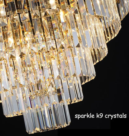 Gold Crystal Chandelier Lighting, 9 Light Crystal Dining Room Chandelier Light Fixture for High Ceiling Foyer Hall Entryway 5 Tier 27.5 inch