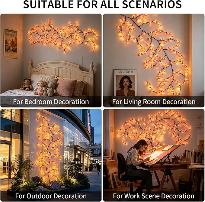FNHMSL Cherry Enchanted Willow Vine Lights, 4FT 48LED Pink Cherry Blossom Tree Branch Lights for Wall, Remote Timer,8 Light Model,Bedroom Wall Doors Wedding, Christmas, USB Battery Box