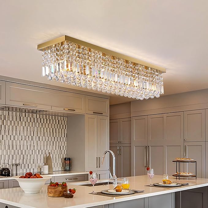 8-Light Gold Crystal Chandelier, Modern K9 Crystal Rectangle Chandelier for Dining Room Kitchen Island Hanging Pendant Light Fixture, L40 x W10 x H10
