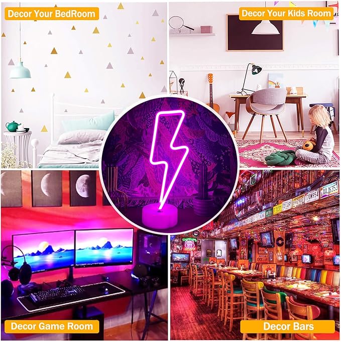 Lightning Bolt Neon Sign Purple With Base for Bedroom, USB/Battery Thunder Lamp Night Light, LED Shaped Decor for Desk Table Game Room Man Cave
