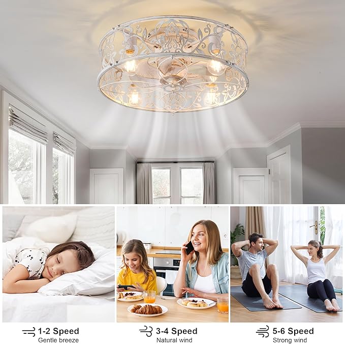Garwarm 20" Caged Ceiling Fan With Light, Flush Mount Bladeless Fandelier With Remote, Small Low Profile for Bedroom, Kitchen, Dining Room, White Gold