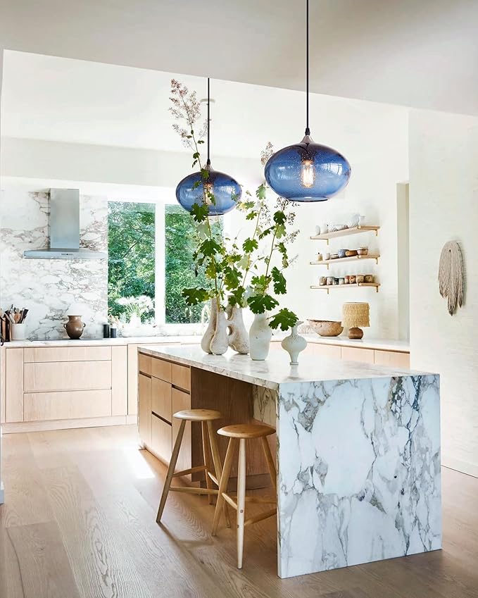 Pendant Lighting for Kitchen Island Blue Glass Modern Hanging Light Fixtures Seeded Bubble Over Sink 9.4 Inch Diam