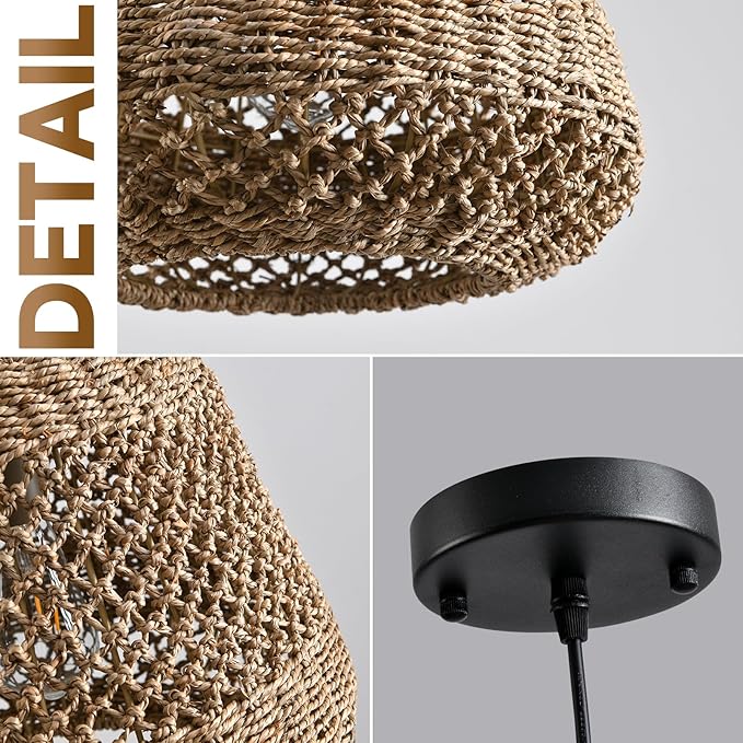 Brown Rattan Pendant Light 13.8in Farmhouse Woven Chandelier Rattan Lights Fixture Over Island Rustic Wicker Hanging Ceiling Lighting for Dining Room Kitchen Bedroom Entryway Restaurant Bar
