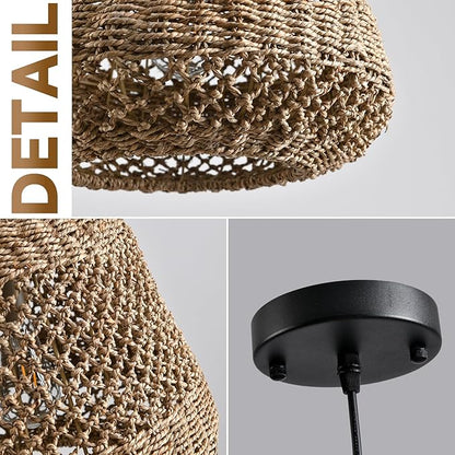 Brown Rattan Pendant Light 13.8in Farmhouse Woven Chandelier Rattan Lights Fixture Over Island Rustic Wicker Hanging Ceiling Lighting for Dining Room Kitchen Bedroom Entryway Restaurant Bar