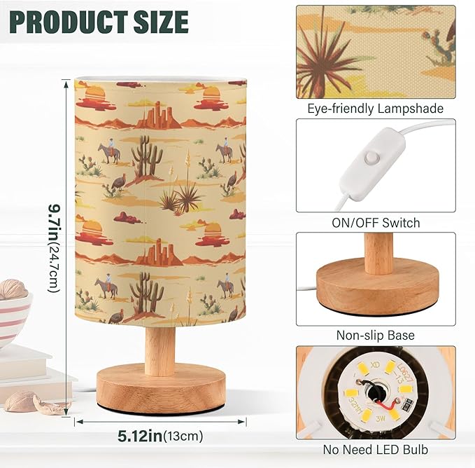 Table Lamp Vintage Desert Sunset Pattern Cactus Mountain Cowboy Horse Turkey Nightstand Lamp with Wood Base Fabric Lamp Shade Bedside Desk Lamp for Living Room Bedroom Kids Room Office