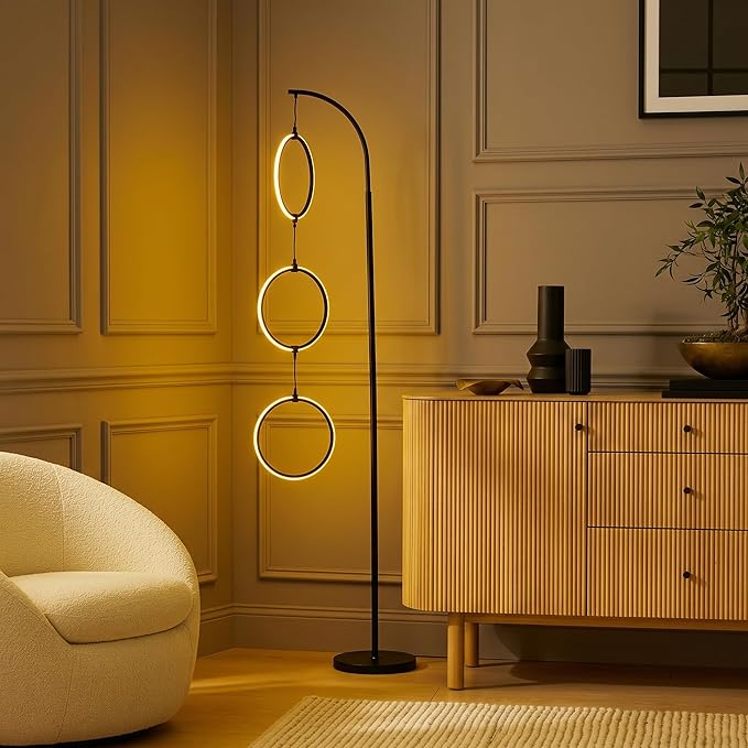 Brightech Nova Modern Color Changing Floor Lamp - LED Lamp with Stunning RGB Color Gradient and Contemporary 3-Circle Ring-Style Pendant - Corner or Over-The-Couch Arching Pole Standing Lamp - Black