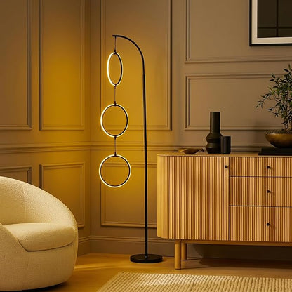 Brightech Nova Modern Color Changing Floor Lamp - LED Lamp with Stunning RGB Color Gradient and Contemporary 3-Circle Ring-Style Pendant - Corner or Over-The-Couch Arching Pole Standing Lamp - Black