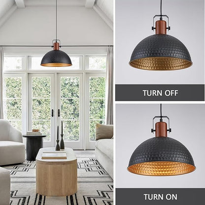 12 Inch Black Pendant Lights Hammered Matte Pendant Lights for Kitchen Island Industrial Farmhouse Adjustable Height Dome Hanging Light Fixtures for Barn, Dining Room 3 Packs
