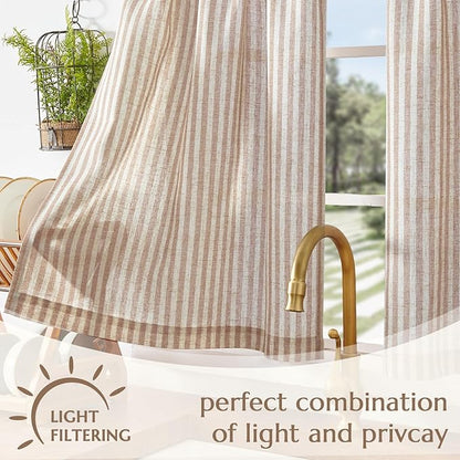 jinchan Striped Linen Kitchen Curtains 36 Inches Length Tier Curtains Farmhouse Modern Cafe Style Small Window Treatments Airy Light Filtering Rod Pocket for Living Room Bathroom 2 Panels Tan