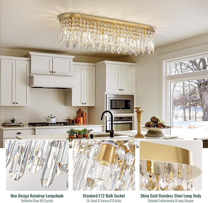Siljoy 10-Light Modern Crystal Chandelier, Luxury Gold Oval K9 Crystal Raindrop Chandelier, Dimmable Flush Mount Crystal Ceiling Light for Living Dining Room Kitchen Island, L40'' x W11'' x H11''