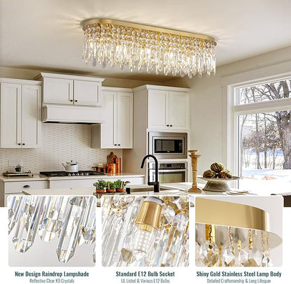 Siljoy 10-Light Modern Crystal Chandelier, Luxury Gold Oval K9 Crystal Raindrop Chandelier, Dimmable Flush Mount Crystal Ceiling Light for Living Dining Room Kitchen Island, L40'' x W11'' x H11''