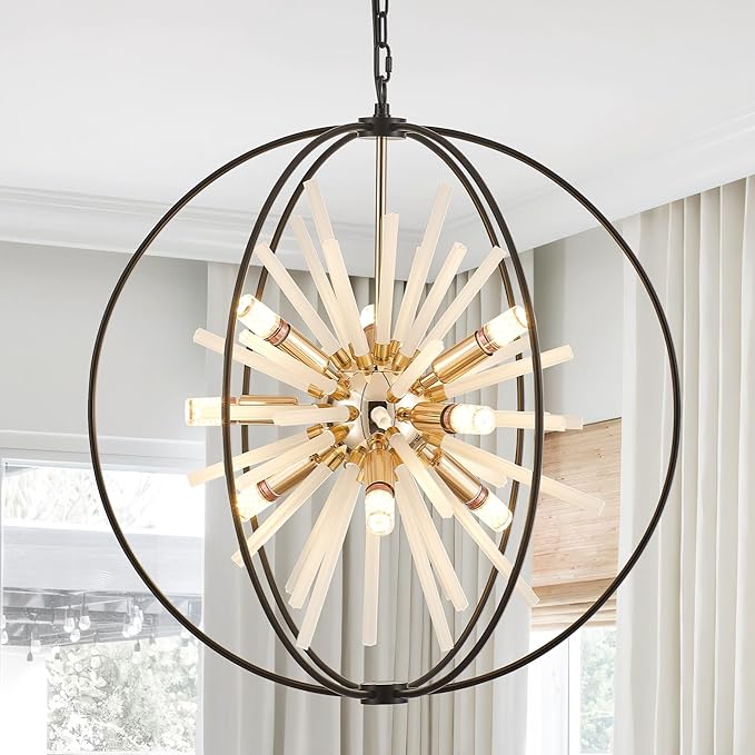 23.6" Black Gold 9-Light Globe Sputnik Chandelier Modern Firework Hanging Ceiling Glass Tube Pendant Light Fixture for Entryway Foyer Staircase Dining Living Room Hallway