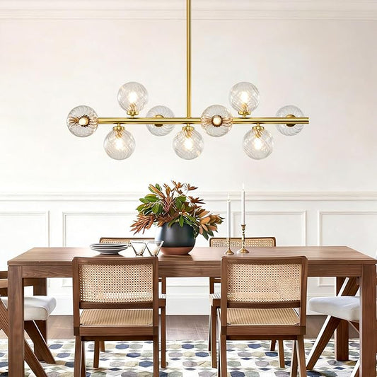 Mid Century Modern Sputnik Chandeliers: 9-Light Contemporary Linear Brass Gold Light Fixture for Dining Room Table - 40" Long Swirled Clear Glass Globe High Chandelier for Living Room Kitchen Island