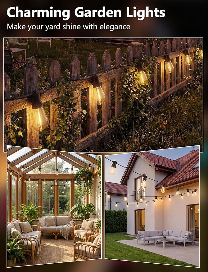 S14 Patio String Lights, 48FT Outdoor Patio String Light with 17 Clear LED Bulbs (1 Spare), UL Certified Waterproof Hanging Lights for Outdoor & Indoor - Commercial Grade Black Wire