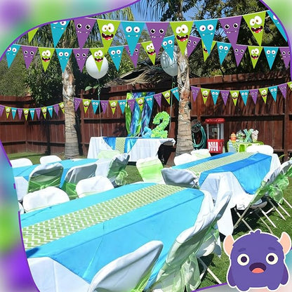 HESTYA 5 Pcs 49 ft Cartoon Monster Pennant Banner Monster Birthday Party Decoration Green Purple Blue Paper Triangle Flag Cute Bunting Garland for Cartoon Themed Party Backdrop Hanging Supplies