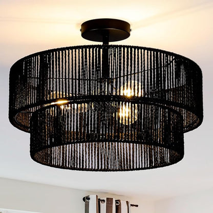 Black Boho Light Fixtures Ceiling Mount 18'' Coastal Hemp Rope Semi Flush Mount Ceiling Light Fixture 3-Light Rattan Light Fixtures with 2-Tier Drum Shade for Dining Room Kitchen Entry