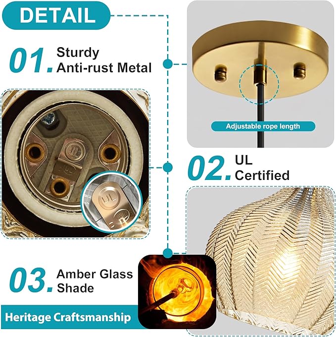 Amber Glass Gold Pendant Light, Farmhouse Kitchen Island Pendant Light Fixture Water Drop Shade, Adjustable Vintage Hanging Ceiling Light for Dining Room Corridor 1 Pack, UL Certification