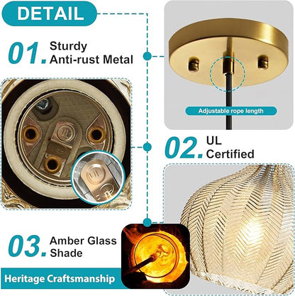 Amber Glass Gold Pendant Light, Farmhouse Kitchen Island Pendant Light Fixture Water Drop Shade, Adjustable Vintage Hanging Ceiling Light for Dining Room Corridor 1 Pack, UL Certification