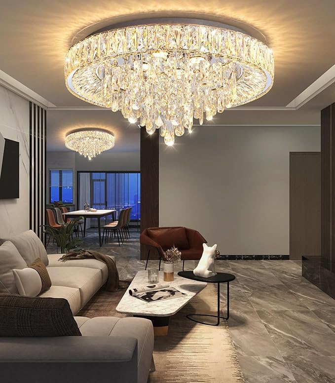 23.6" Modern Crystal Chandeliers LED Dimmable Flush Mount Ceiling Chandeliers for Living Room Entrance Foyer Bedroom Silver