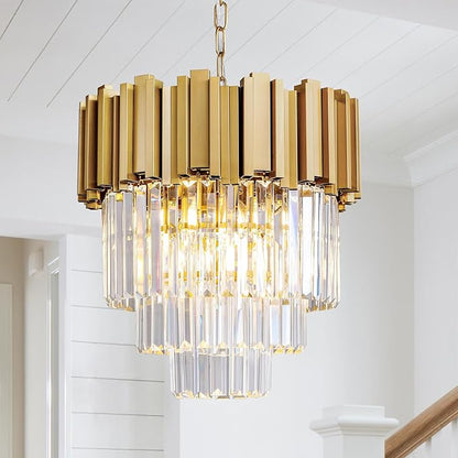 3-Tier 15.8" Modern Gold Crystal Chandelier, 5-Light Round K9 Crystal Pendant Light Fixture for Dining Room, Kitchen Island, Bedroom, Living Room, Foyer, Entryway