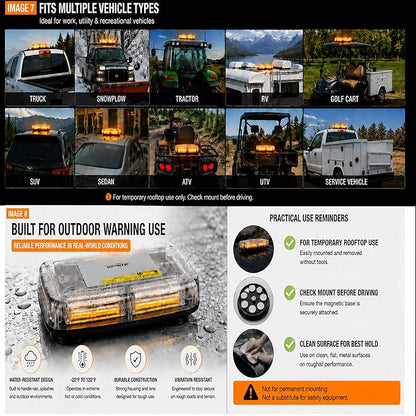 Xprite Amber COB LED Rooftop Strobe Beacon Light, 12V Magnetic Base Warning Caution Light with 19 Flash Patterns for Trucks, Snowplows, Construction Vehicles, Tractors, Golf Carts