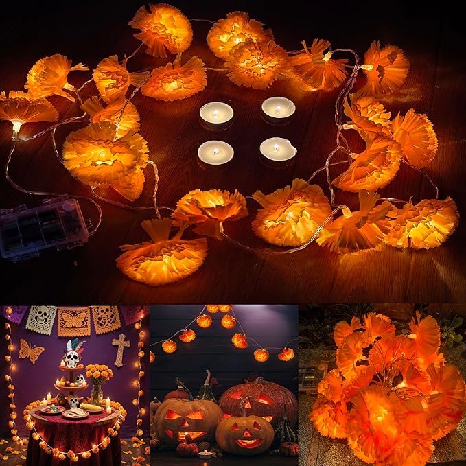 Marigold Garland Lights String for Day of The Dead Decorations 10ft 20 Led Artificial Marigold Flowers Light String Dia De Los Muertos Decoration Diwali Indian Wedding Party Halloween Decor