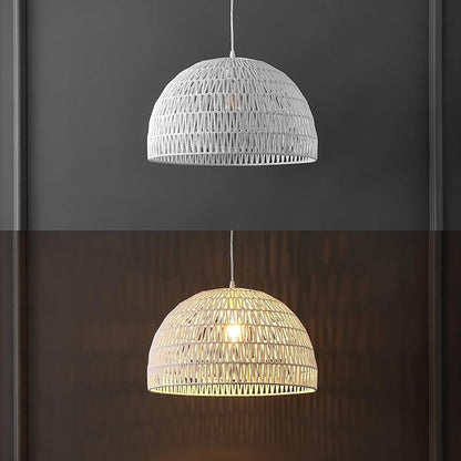 JONATHAN Y 20" White Modern Bohemian Woven Rope LED Pendant Light Fixture, Adjustable Dome Ceiling Lamp for Kitchen Island, Rope Shade, Coastal Farmhouse Decor (JYL6504E)
