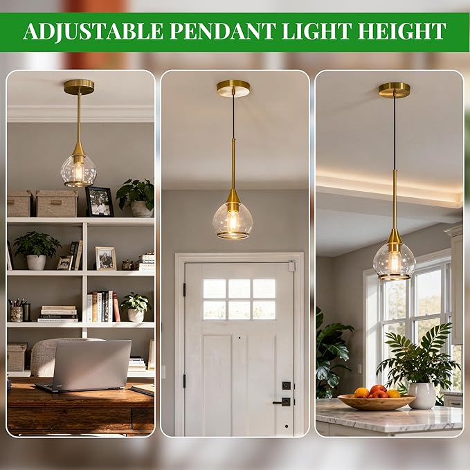Kitchen Island Linear Pendant Light, 1-Pack 1-Light Gold Pendant Light, Brushed Gold Glass Globe Hanging Light Fixture for Dining Room, Over Table, Bar
